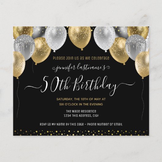 Glitter Balloons 50th Birthday Party Invitation (Voorkant)