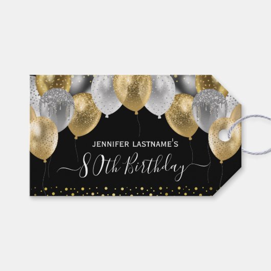 Glitter Balloons 80th Birthday Party Gift Labels Cadeaulabel (Voorkant (Horizontaal))