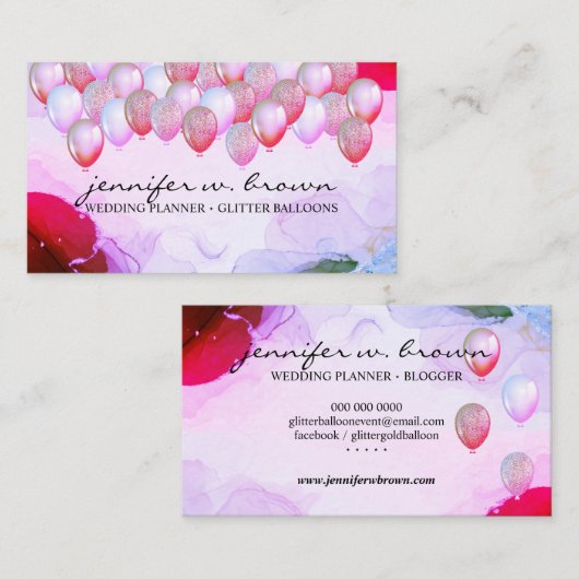 Glitter Balloons Occasions Events Planner Party Visitekaartje (Voorkant / Achterkant)