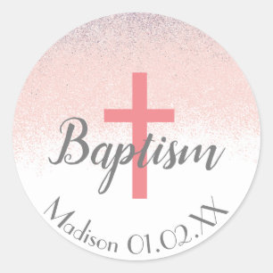Glitter Baptism Cross Child's Name Ronde Sticker