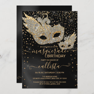 Glitter Black Silk Masquerade Birthday Invita Kaart