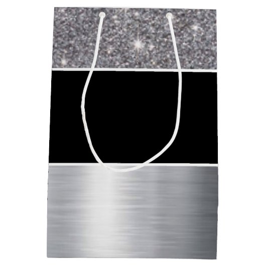Glitter Black Silver Pattern Afdrukontwerp Medium Cadeauzakje (Achterkant)