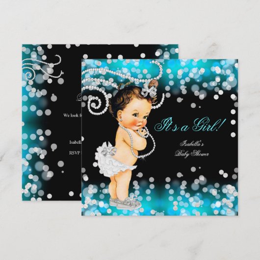 Glitter Blauwgroen Blue Black Girl Baby shower Bru Kaart (Voorkant / Achterkant)