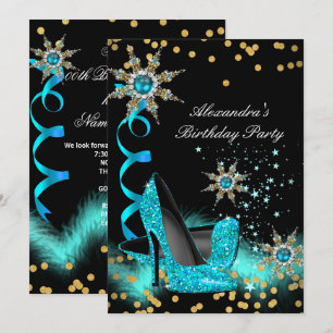 Glitter Blauwgroen Blue High Heels Black Birthday  Kaart