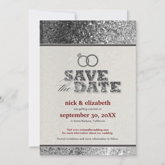 Glitter Bling Save the Date Aankondiging (zilver) (Voorkant)
