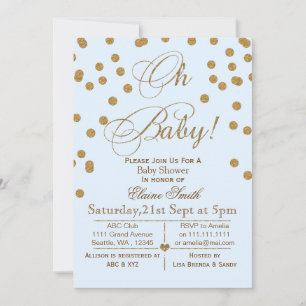 Glitter blue en gouden baby shower uitnodiging