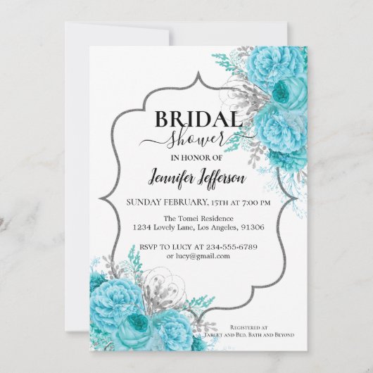 Glitter Blue Floral Bridal Shower Kaart (Voorkant)