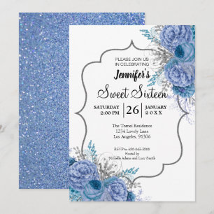 Glitter Blue Floral Sweet 16 Birthday Invitation Kaart