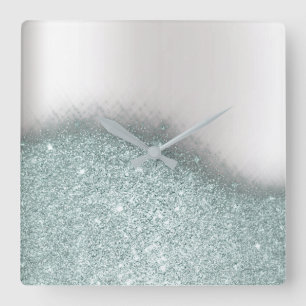 Glitter Blue Pastel Grey Minimal Metallic Vierkante Klok