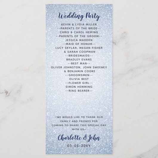 Glitter Blue Sneeuwvlokken winter bruiloft program Programma (Achterkant)