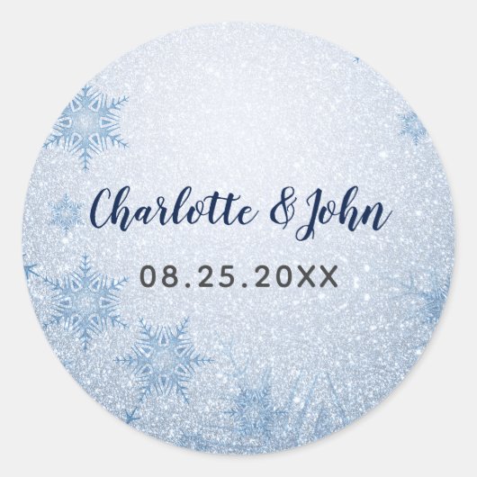Glitter Blue Snowflakes winterbruiloft Ronde Sticker (Voorkant)