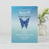 Glitter Blue Sweet 16 Verjaardag Uitnodiging (Staand voorkant)