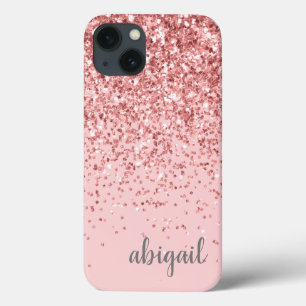 Glitter Blush Pink Girly Modern Monogram Naam iPhone 13 Hoesje