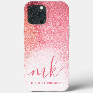 Glitter Blush Pink Rose Gold Monogramed Script iPhone 13 Pro Max Hoesje