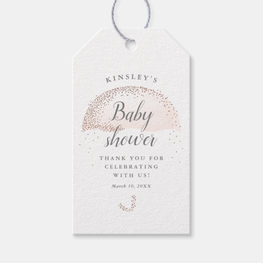 Glitter blush roze paraplu baby shower bedankt cadeaulabel (Voorkant)
