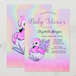 Glitter Bokeh, Flamingo, Holografisch Baby shower  Kaart