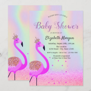 Glitter Bokeh, Flamingo, Holografische Babyborrel Kaart