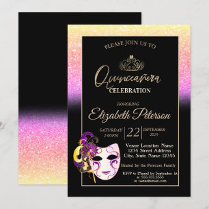 Glitter Bokeh, Tiara, Masquerade Quinceañera Kaart