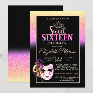 Glitter Bokeh, Tiara, Masquerade Sweet 16 Feest Kaart