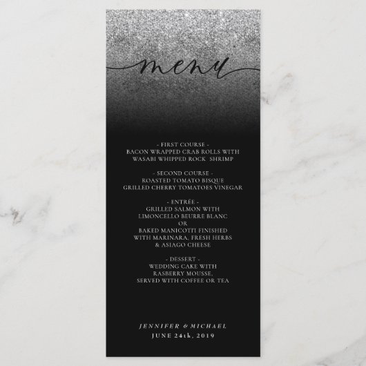 Glitter bruiloftceremonie diner menu (Voorkant)