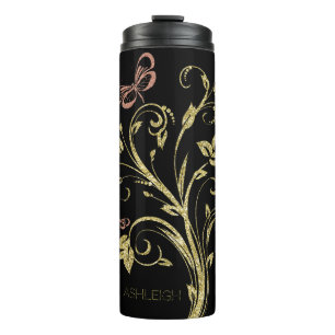 Glitter Butterfly, goudroze en roze gepersonalisee Thermosbeker