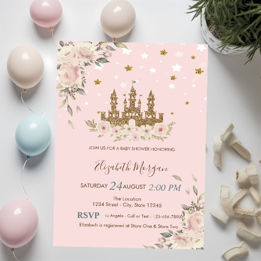Glitter Castle, Flowers, Stars Baby shower Kaart