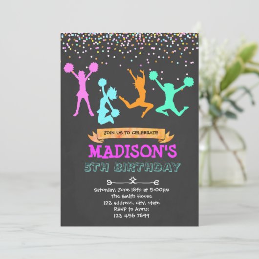 Glitter cheerleader feest uitnodiging (Staand voorkant)