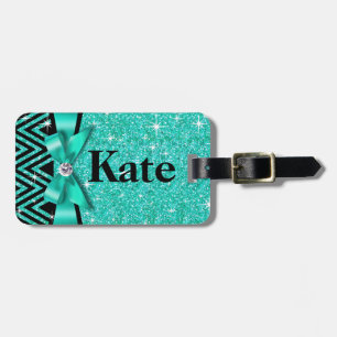 Glitter Chevron Bling Diamond Bow blauwgroen Bagagelabel