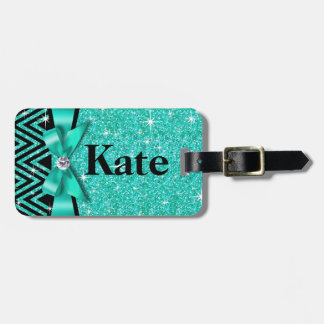 Glitter Chevron Bling Diamond Bow | blauwgroen Bagagelabel