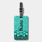 Glitter Chevron Bling Diamond Bow | blauwgroen Bagagelabel (Voorkant verticaal)