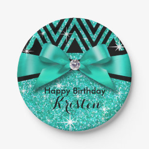 Glitter Chevron Bling Diamond Bow blauwgroen Papieren Bordje