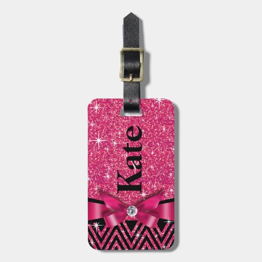 Glitter Chevron Bling Diamond Bow | fuchsia Bagagelabel (Voorkant verticaal)