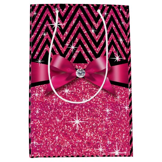 Glitter Chevron Bling Diamond Bow | fuchsia Medium Cadeauzakje (Voorkant)