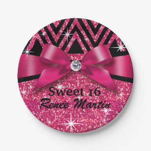 Glitter Chevron Bling Diamond Bow   fuchsia Papieren Bordje