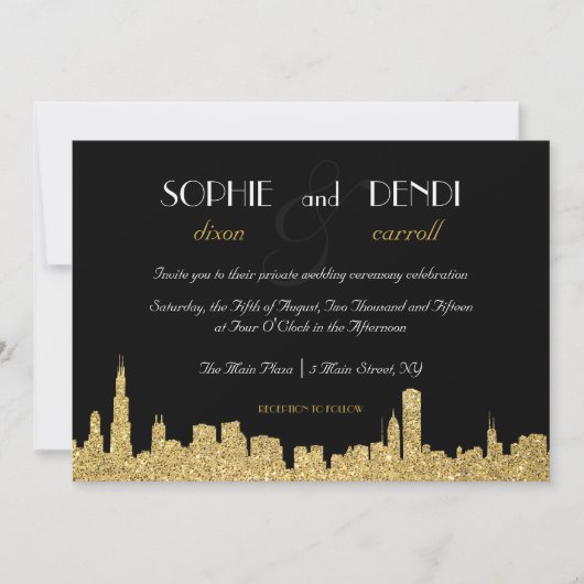 Glitter City Skyline Wedding Invitation Kaart (Voorkant)