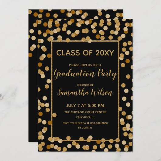 Glitter Confetti Graduparty voor zwart en goud Kaart (Voorkant / Achterkant)