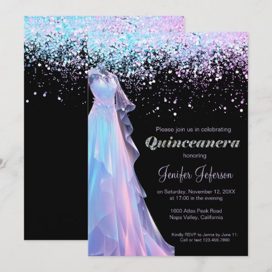 Glitter confetti Quinceanera uitnodiging (Voorkant / Achterkant)