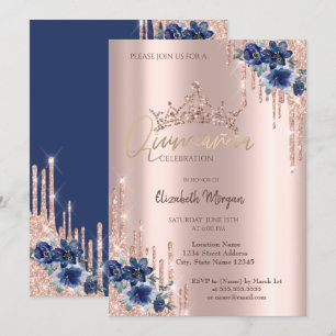 Glitter Crown Drop Blue Flowers Quinceañera Kaart