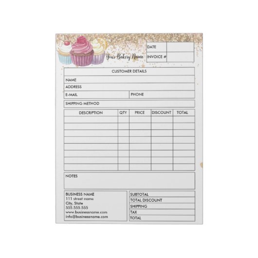 Glitter Cupcake Bakery Sales Form Receive Factuur Notitieblok (Gedraaid)