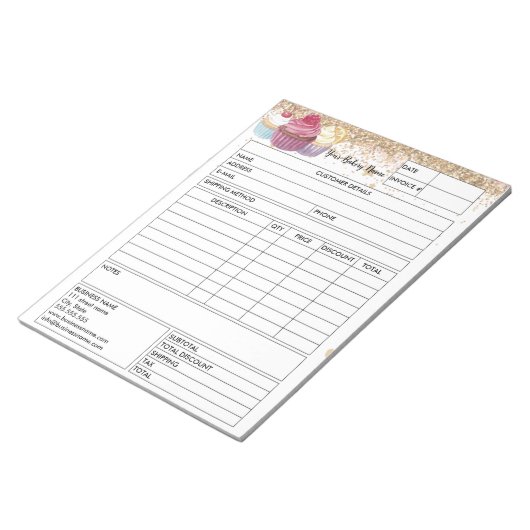 Glitter Cupcake Bakery Sales Form Receive Factuur Notitieblok (Schuin)