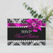 Glitter Damask & Pink Jewel Bow Sweet 16 RSVP (Staand voorkant)
