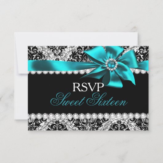 Glitter Damask & Teal Jewel Boog Zoete 16 RSVP Kaartje (Voorkant)