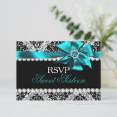 Glitter Damask & Teal Jewel Bow Douce 16 RSVP (Debout devant)