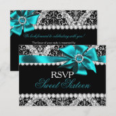 Glitter Damask & Teal Jewel Bow Douce 16 RSVP (Devant / Derrière)