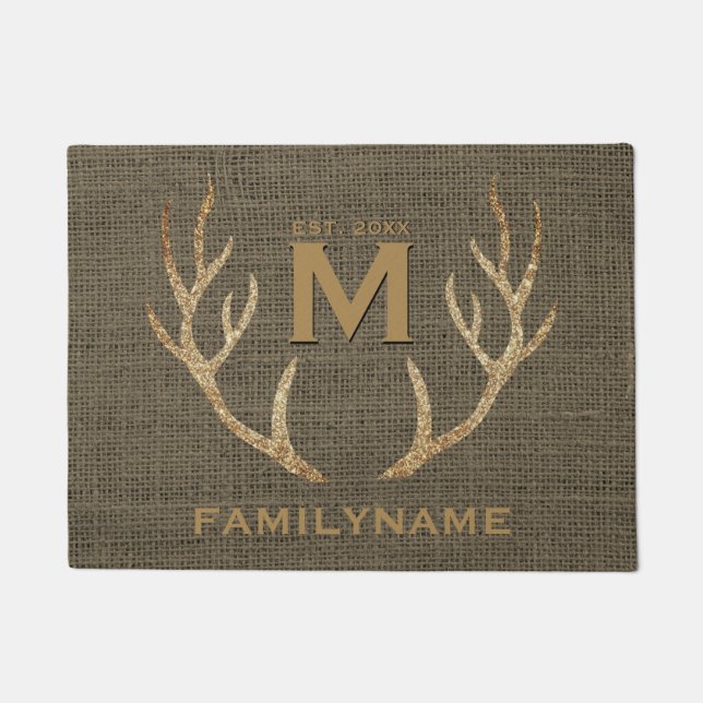 Glitter Deer Antlers Rustic Burlap Family Monogram Deurmat (Voorkant)