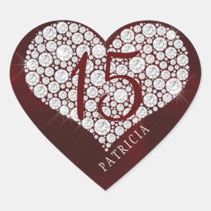 Glitter diamanten hart bordeauxrood quinceanera sticker