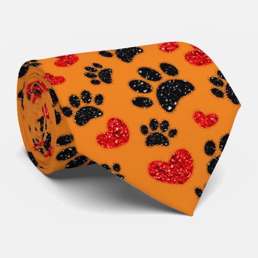 Glitter Dog Paw Prints en Rode Harten Sinaasappel Stropdas (Opgerold)