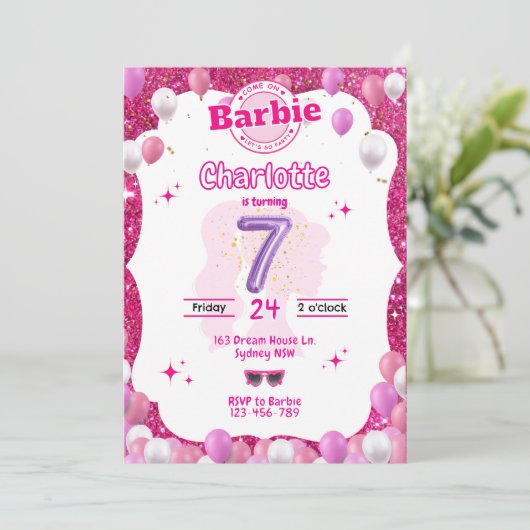 Glitter Doll Geïnspireerd Verjaardag Uitnodiging (Staand voorkant)