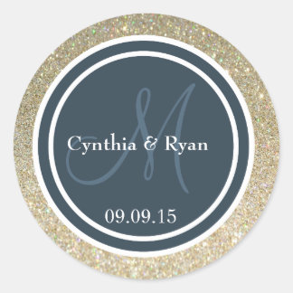 Glitter & donkerblauwe grijze huwelijksmonogram ronde sticker