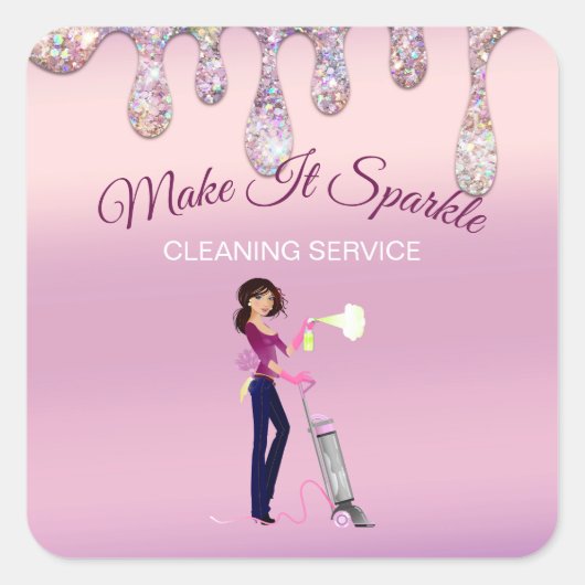 Glitter Drift Cartoon Maid Cleaning Service Vierkante Sticker (Voorkant)